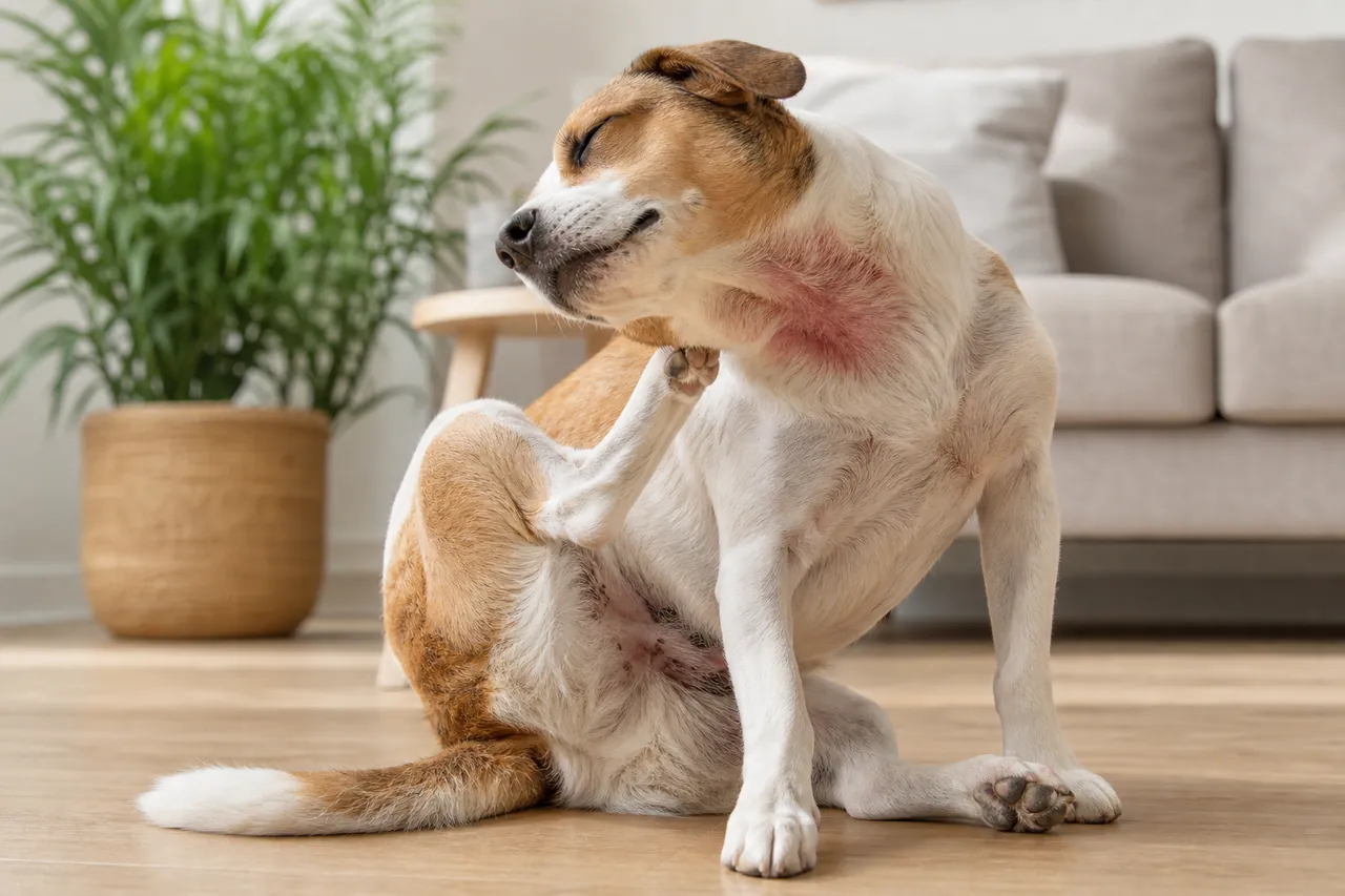 Dog scratching from atopic dermatitis, a lifelong skin allergy treated with Atopica (cyclosporine)