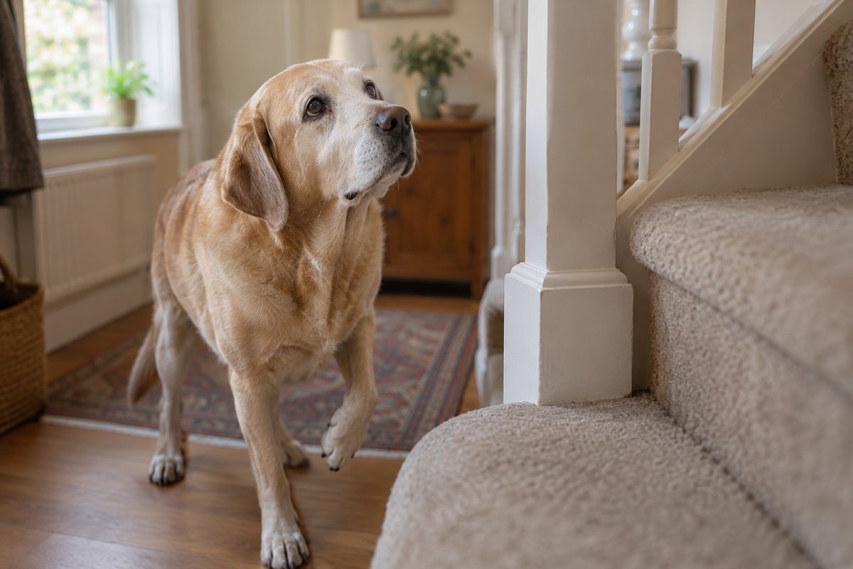 Senior Labrador pausing at the bottom of a staircase at home, showing early signs of arthritis